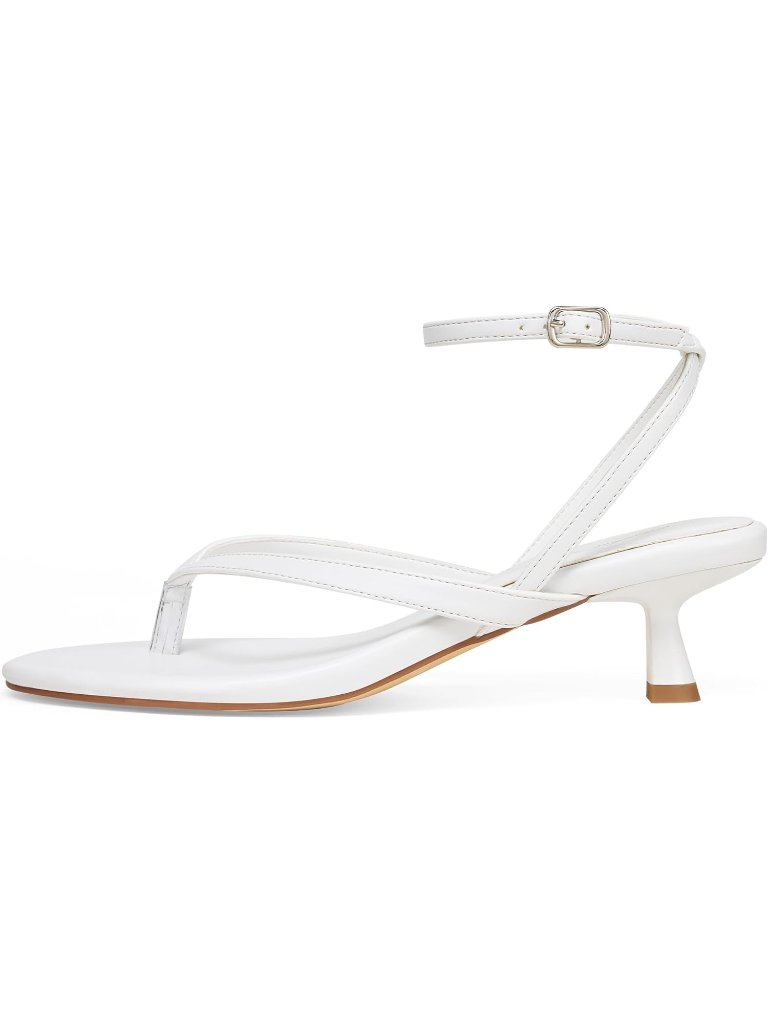 Women's White Round Toe Thong Ankle Strap Heeled Sandals Cute Low Kitten Casual